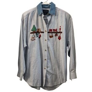 Solutions Vintage Medium‎ Blue Stripe Button Up Embroidered Christmas Shirt